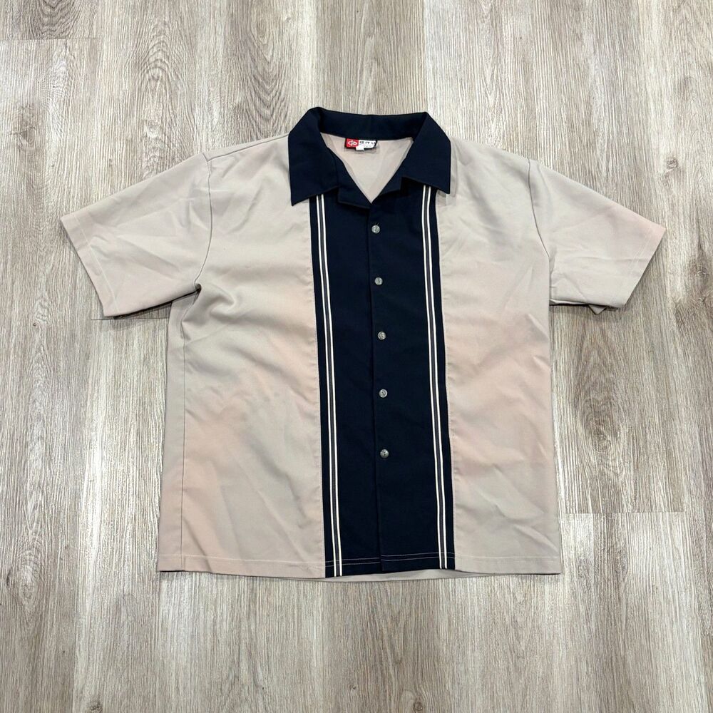 Vintage 90s IZ IT U Men's Sz L Made in USA Camp Collar Black Cream Bowling Shirt